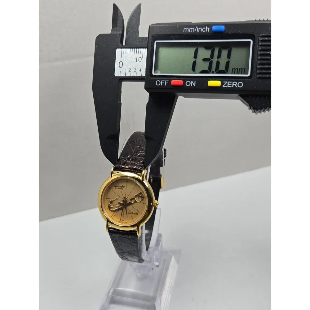Womens Vintage Nivada Bermuda Map Swiss Quartz Gold Leather Watch New Battery
